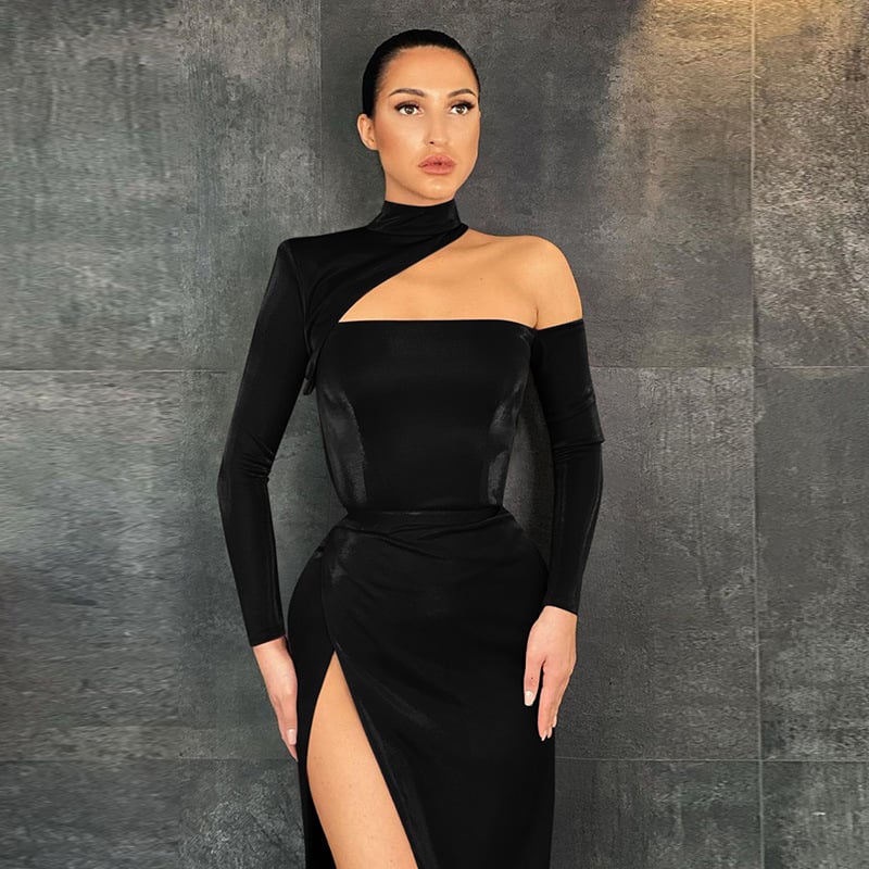 Padded One-Shoulder Long Dress with Slit