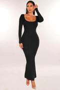 Robe longue en tricot à col carré et manches longues coupe ajustée pour femme