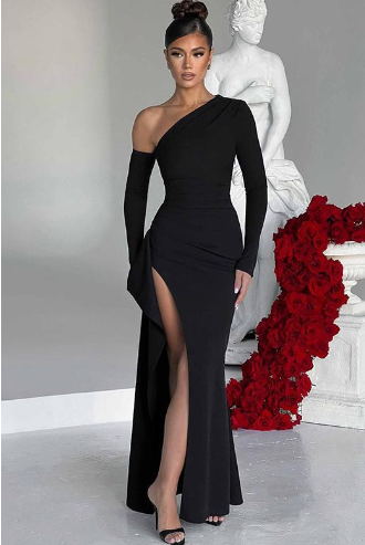 Robe longue fendue en maille à une épaule pour femme