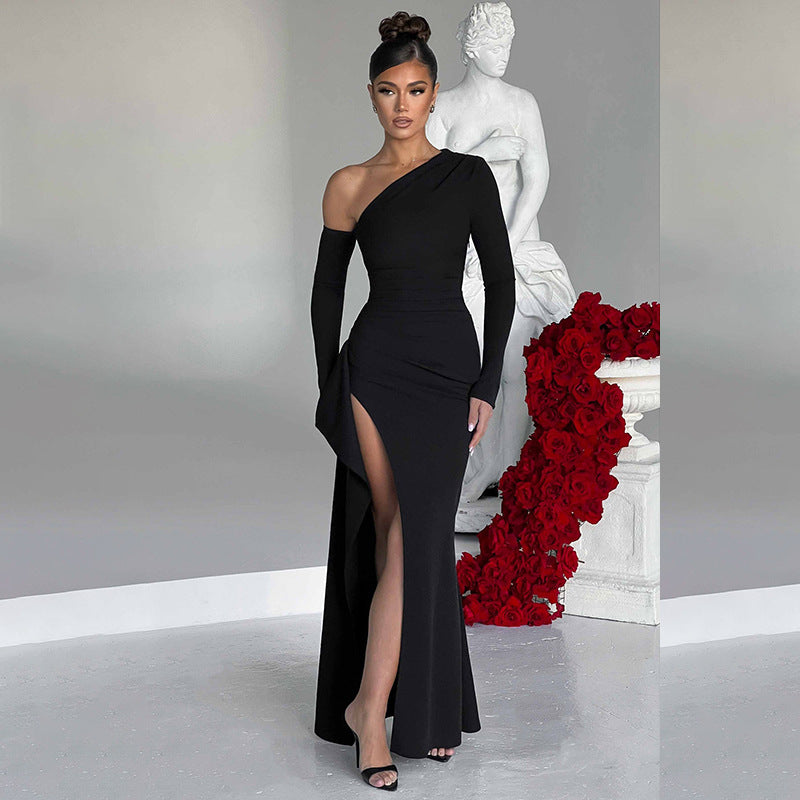 Robe longue fendue en maille à une épaule pour femme