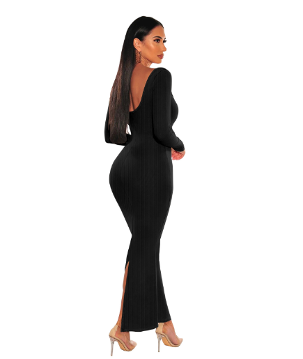 Robe longue en tricot à col carré et manches longues coupe ajustée pour femme