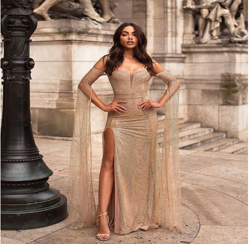 WOLFF Brown Slit Dress with Gold Foil (One Piece)