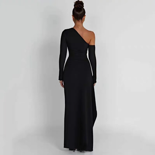 Robe longue fendue en maille à une épaule pour femme