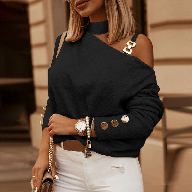 Diagonal Shoulder Chain Long Sleeve Top