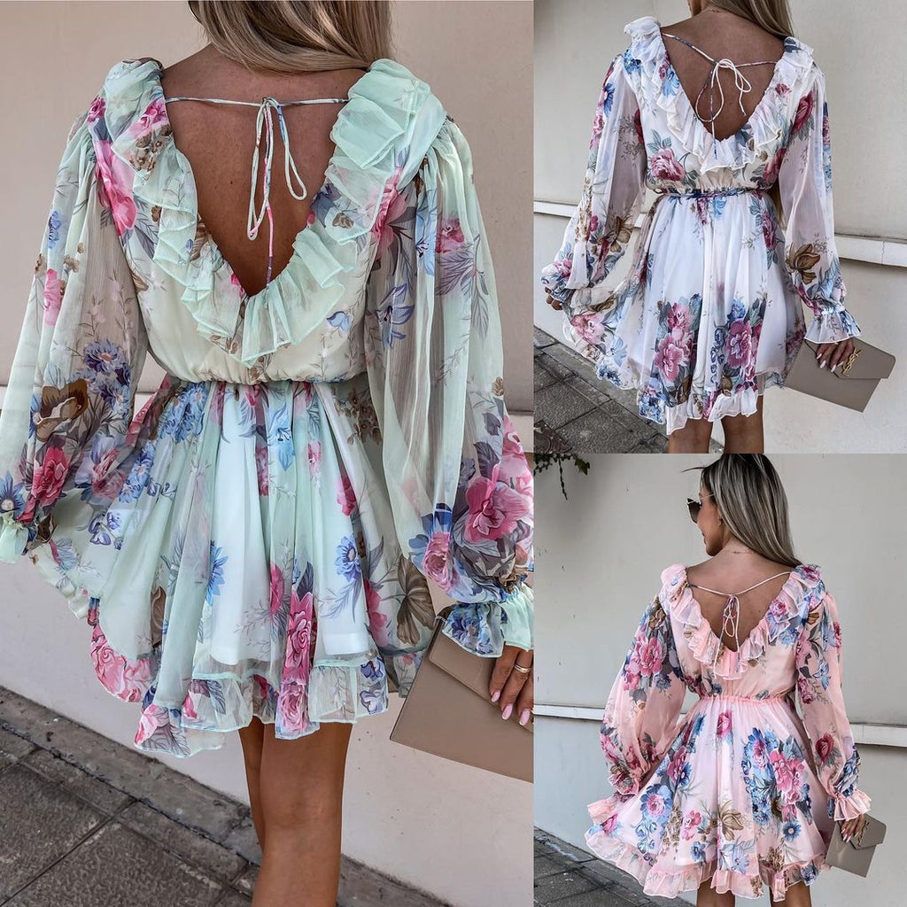 Robe longue à imprimé, col en V et taille cintrée